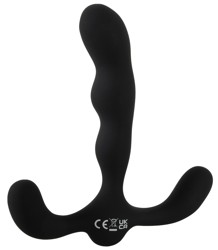 Ein schwarzes Silikon-Analtrainingstool mit ergonomisch geschwungener Form auf weißem Hintergrund.