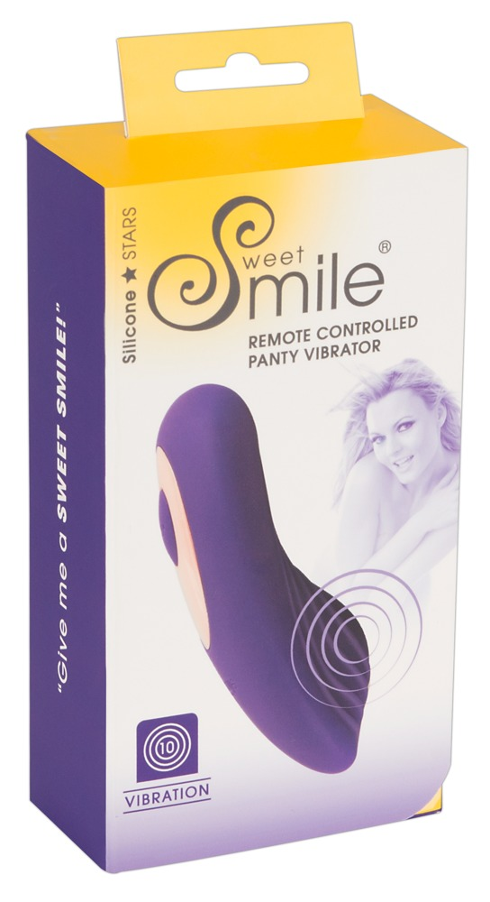 Eine violette und gelbe Produktverpackung für einen ferngesteuerten Panty-Vibrator mit Bild.