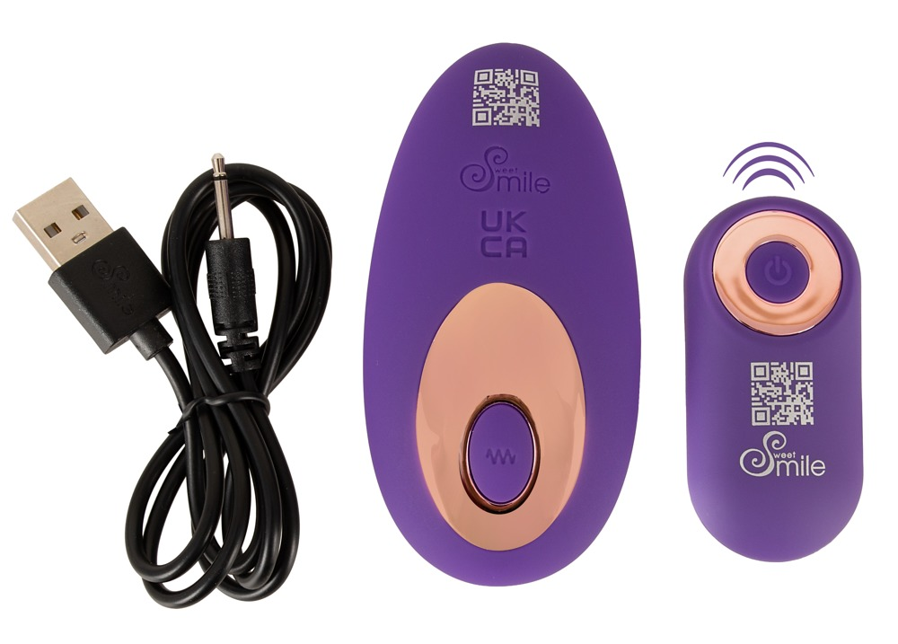 Lila ovales Spielzeug, kleinere Fernbedienung und schwarzes USB-Ladekabel auf weißem Grund.
