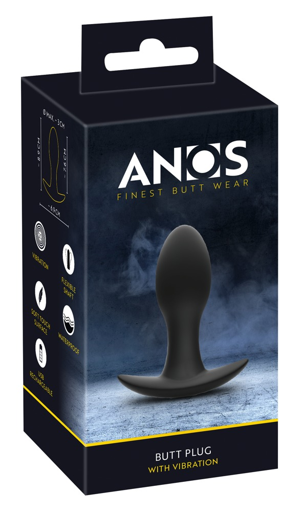 Schwarze Produktverpackung für einen vibrierenden Analplug mit Produktabbildung und Text.