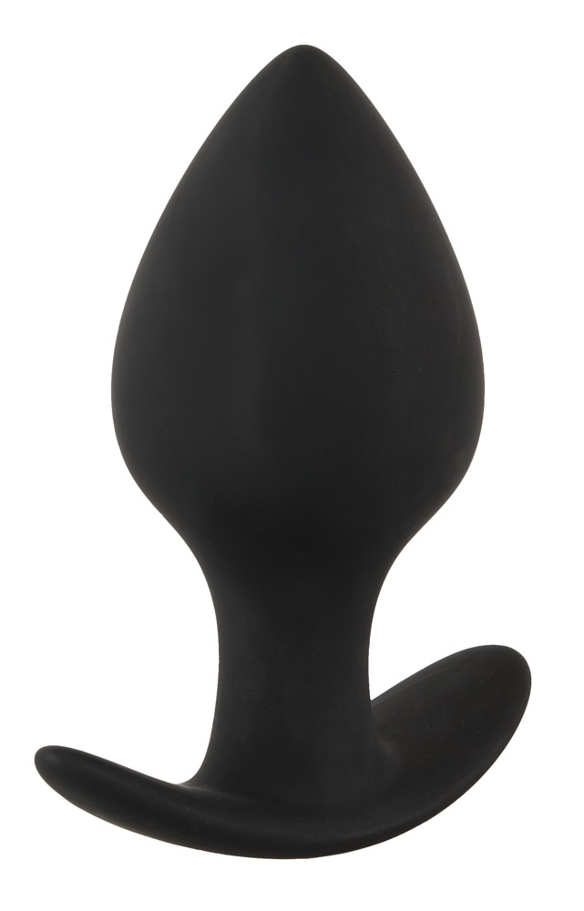 Ein mattes, schwarzes butt plug aus Silikon mit T-förmiger Basis vor weißem Hintergrund.