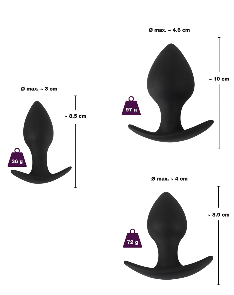 Drei schwarze Silikon-Anapls mit Maßangaben und Gewichten auf weißem Hintergrund.