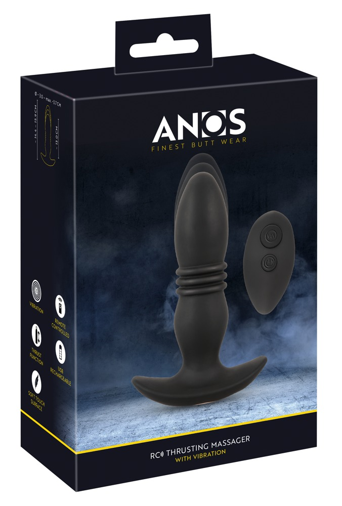 Schwarze Produktverpackung für einen elektrischen Analtrainer mit Fernbedienung und abgebildetem Gerät.