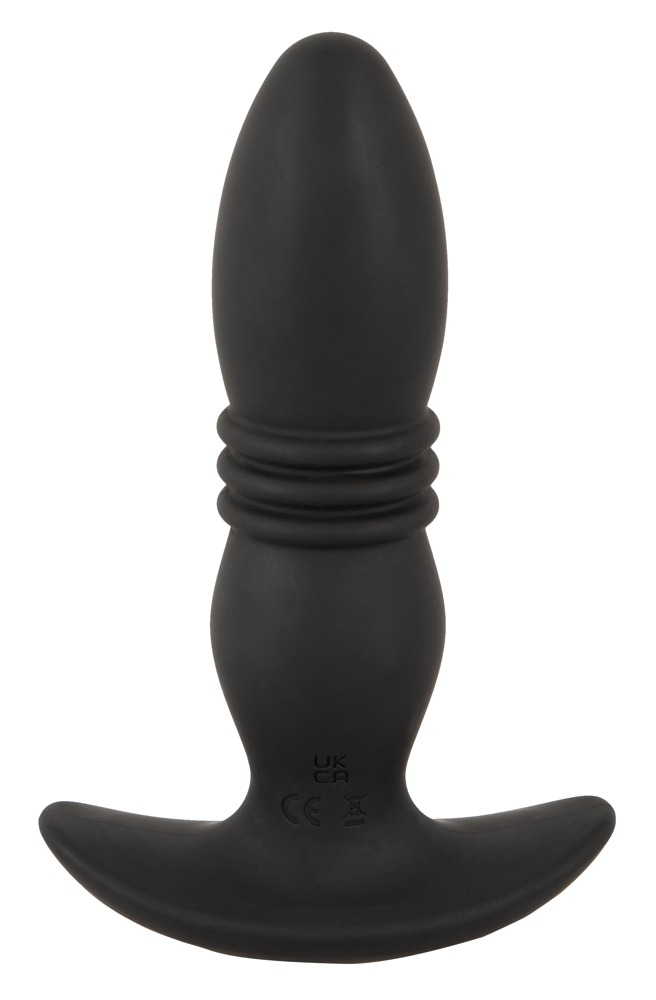 Ein schwarzer, matter Silikon-Buttplug mit geripptem Schaft und breiter Basis.