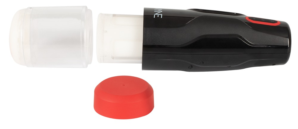 Ein schwarzes Gerät mit abnehmbarer transparenter Hülse und roter Kappe.