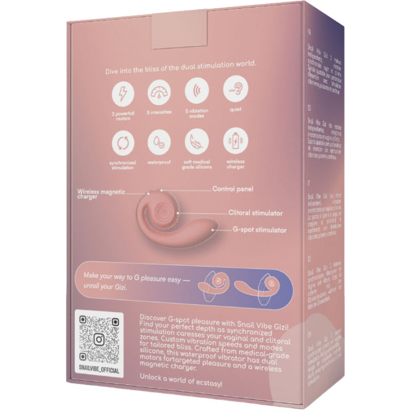 Caja rosa Snail Vibe Gizi con características, diagrama de producto y texto descriptivo.