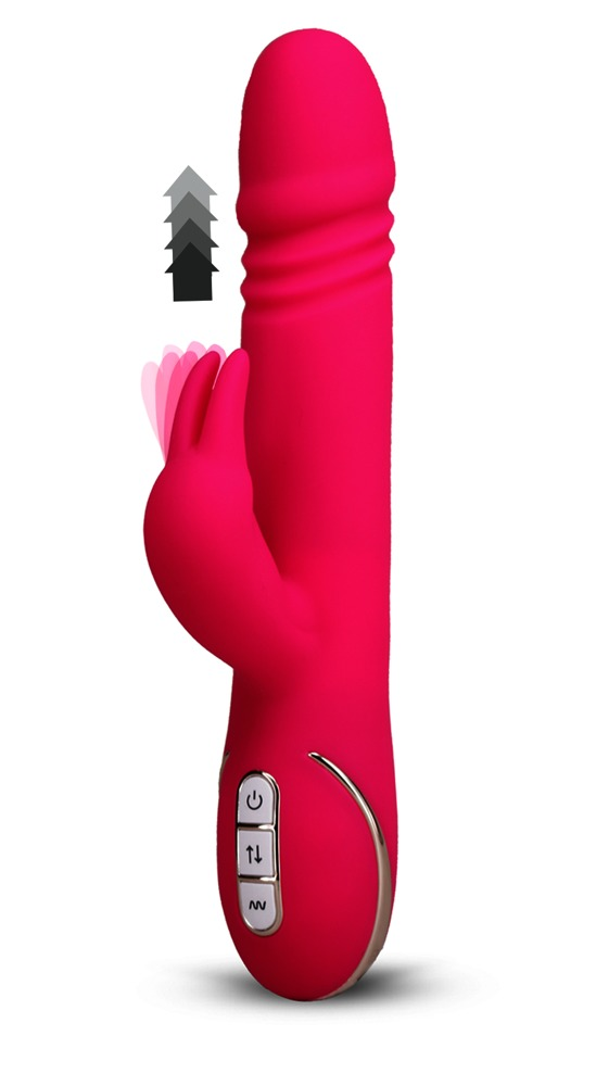 Ein roter Vibrator mit Bedienknöpfen und Aufwärtsbewegungssymbolen.