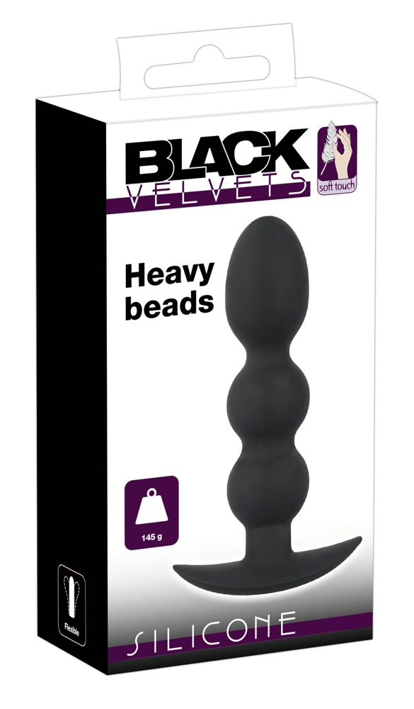 Schwarze Silikon-Analperlen in einer Verpackung mit der Aufschrift Heavy beads.