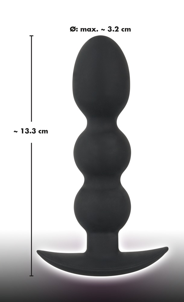 Schwarzes Analspielzeug mit drei Kugeln und breiter Basis, inklusive Größenangaben.
