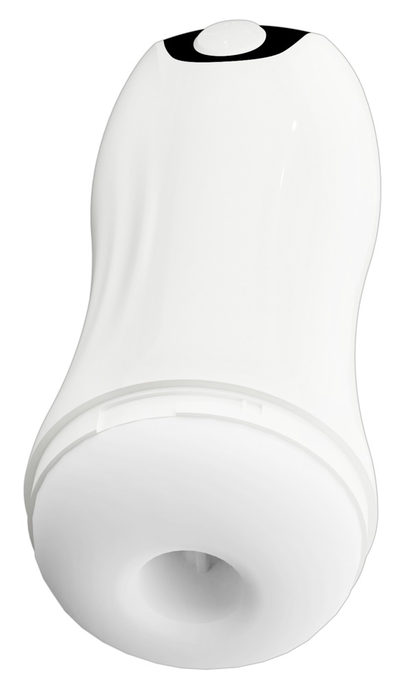 Ein weißes, ergonomisches Gerät mit glatter Oberfläche, einer kleinen Öffnung unten und einem schwarzen Detail oben.