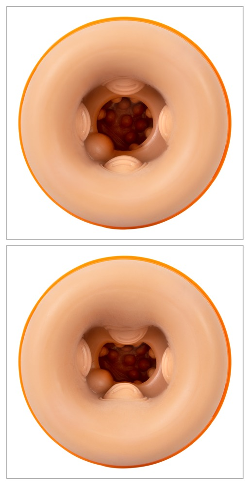Zwei Ansichten von oben auf ein strukturiertes, pfirsichfarbenes, donut-förmiges Sexspielzeug mit orangefarbenem Ring.