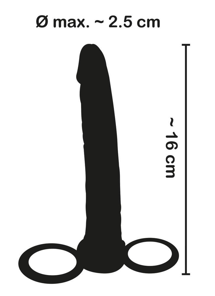 Schwarze Silhouette eines Sexspielzeugs mit Maßangaben von 16 cm Länge und 2,5 cm Durchmesser.