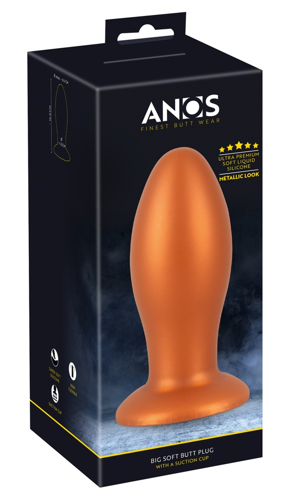 Kupferfarbener Butt-Plug in schwarzer Produktverpackung.