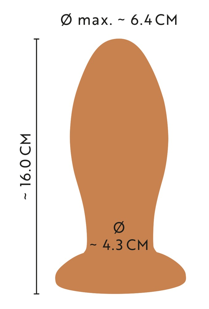 Technische Zeichnung mit Maßen: Höhe ca. 16,0 cm, maximaler Durchmesser ca. 6,4 cm, unterer Durchmesser ca. 4,3 cm.