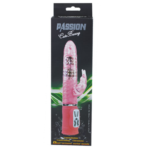 Una caja negra etiquetada como Passion Cute Bunny con la imagen de un vibrador rosa.
