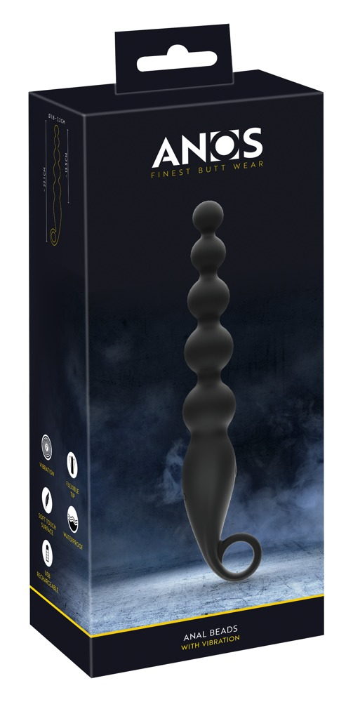 Schwarze Verpackung mit einem Bild von Analperlen mit Vibration vor einem blauen Hintergrund.