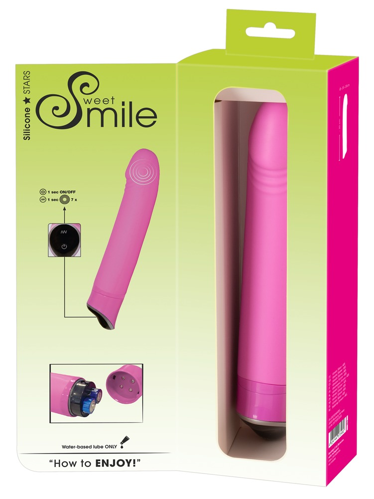 Eine rosa Silikon-Vibrator-Verpackung mit Produktbildern, Tastenanleitung und Batteriefach.