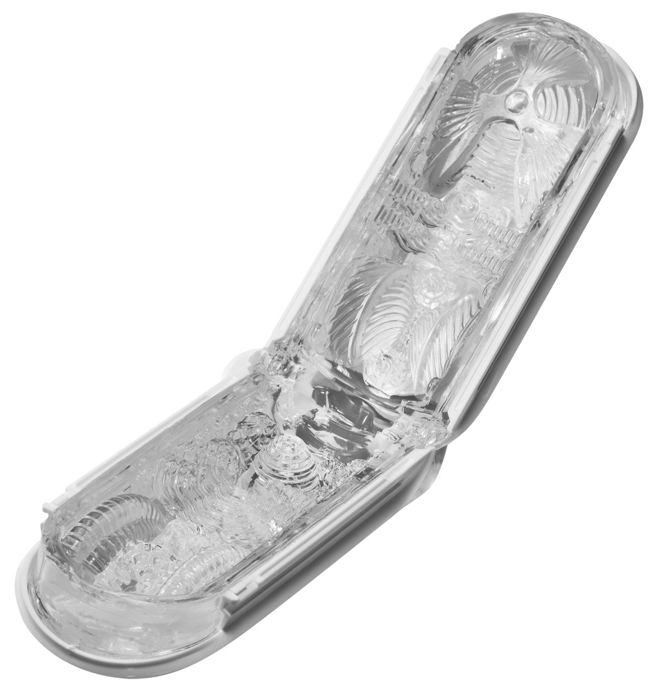 Transparenter, länglicher Gegenstand mit gerippten Texturen im Inneren auf weißem Hintergrund.