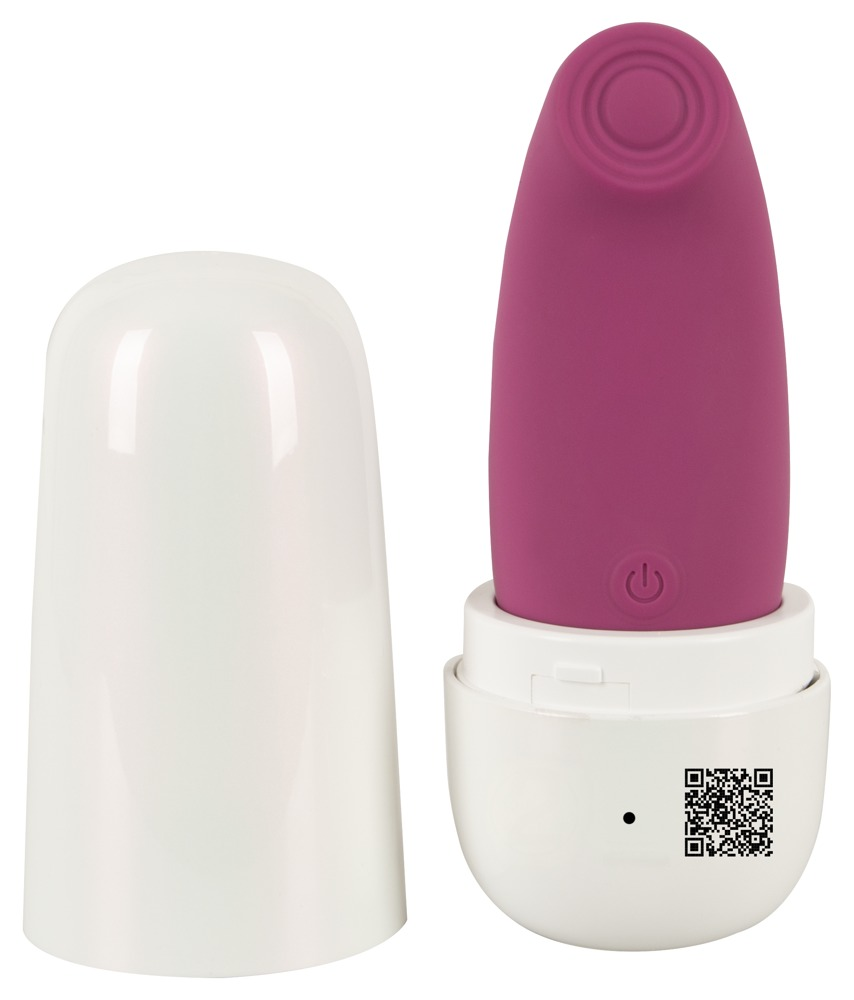 Ein rosafarbenes Sextoy mit weißer Kappe und Basis, mit QR-Code und Power-Symbol auf weißem Hintergrund.