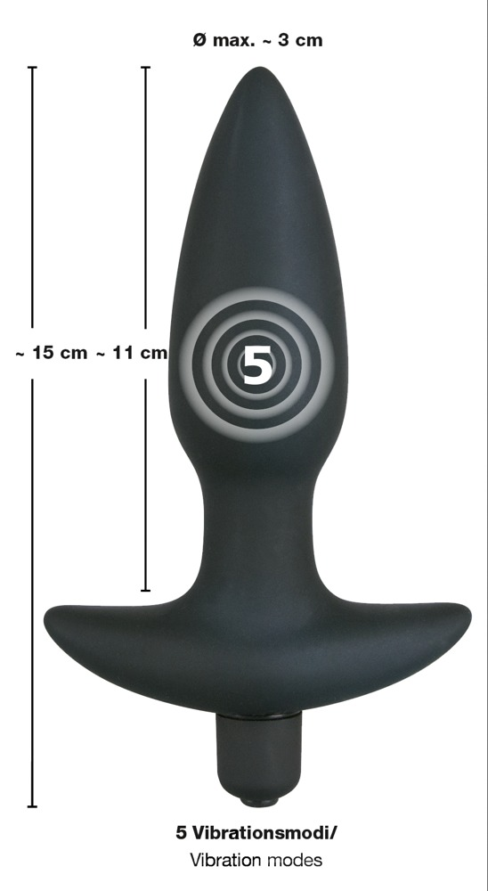 Ein schwarzer Vibrationsplug mit Maßangaben für 15 cm Länge, 3 cm Breite und 5 Vibrationsmodi.