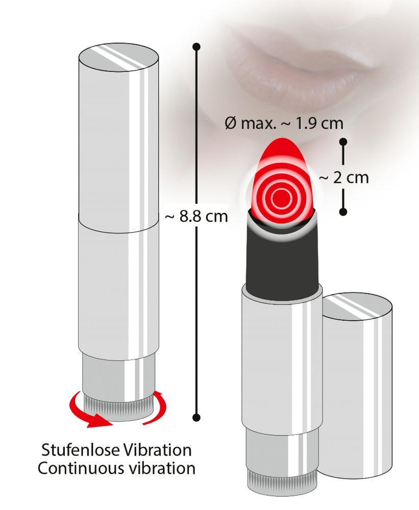 Diagramm zeigt die Maße eines lippenstiftförmigen Vibrators mit stufenloser Vibration, inklusive Höhe und Breite.