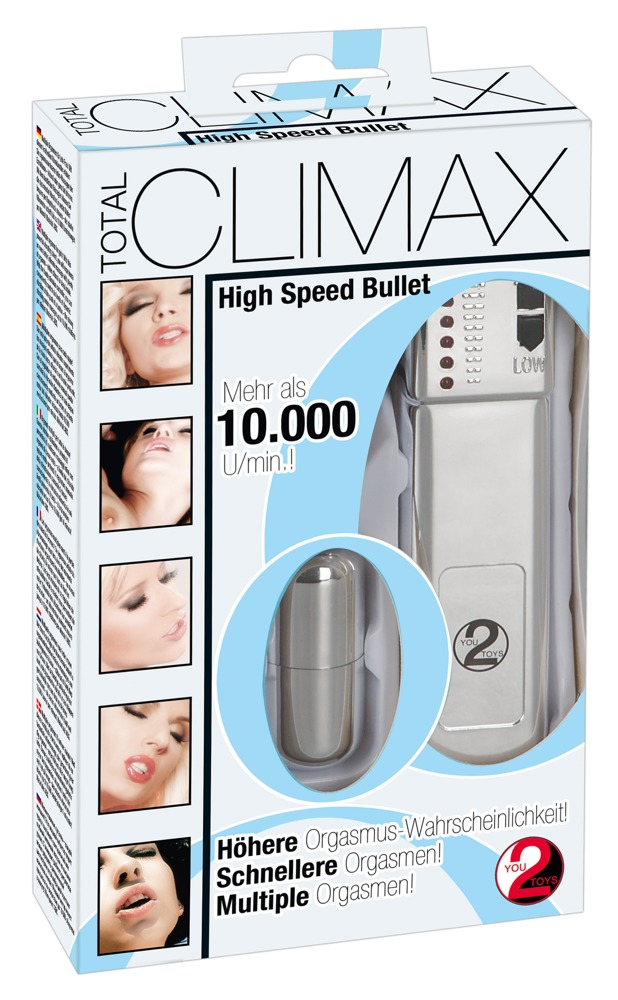 Produktverpackung für den Total Climax High Speed Bullet mit Produktbildern und Texten auf Weiß und Blau.