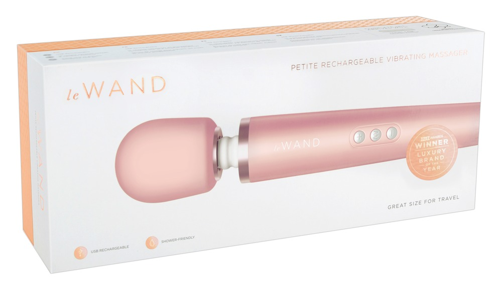 Eine Verpackung für einen rosafarbenen, wiederaufladbaren Le Wand Mini-Vibrator.