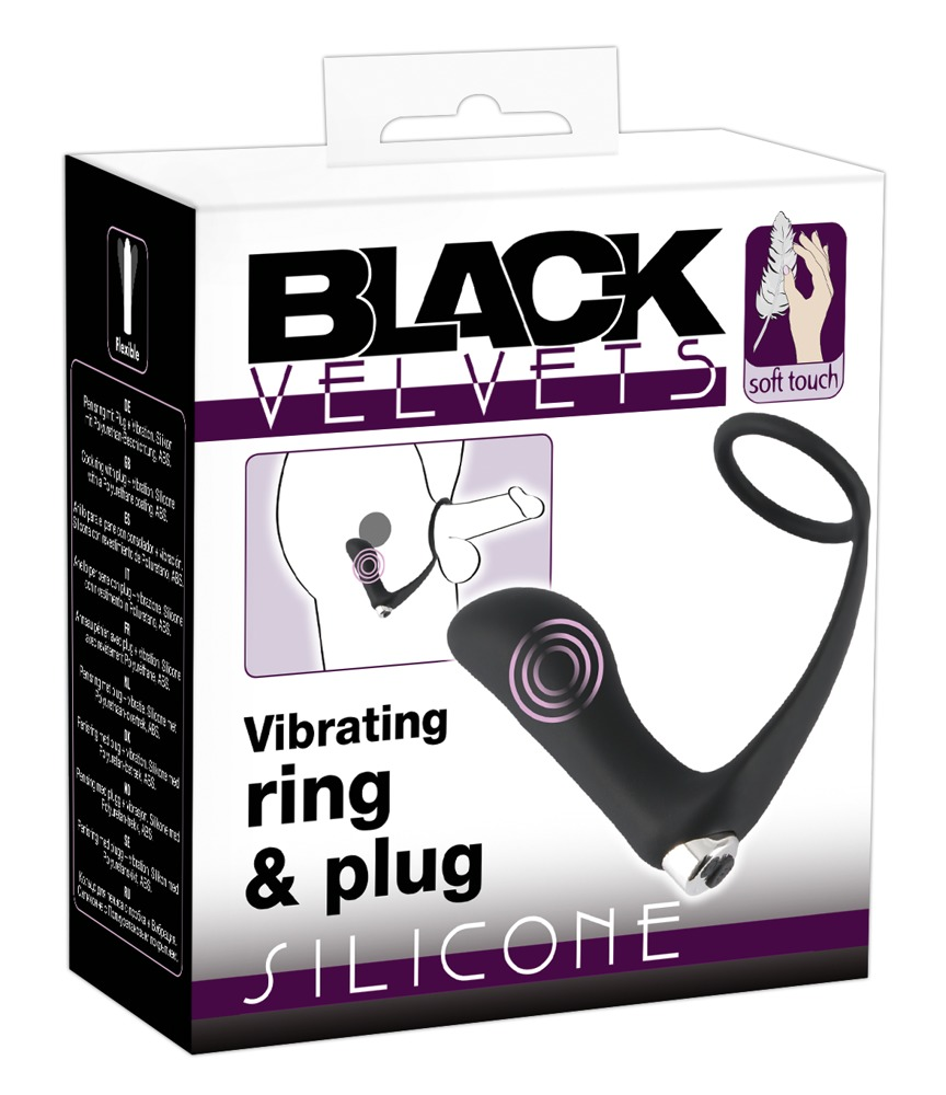 Verpackung des Black Velvets Vibrating ring & plug aus schwarzem Silikon mit Grafiken und Produktbild.