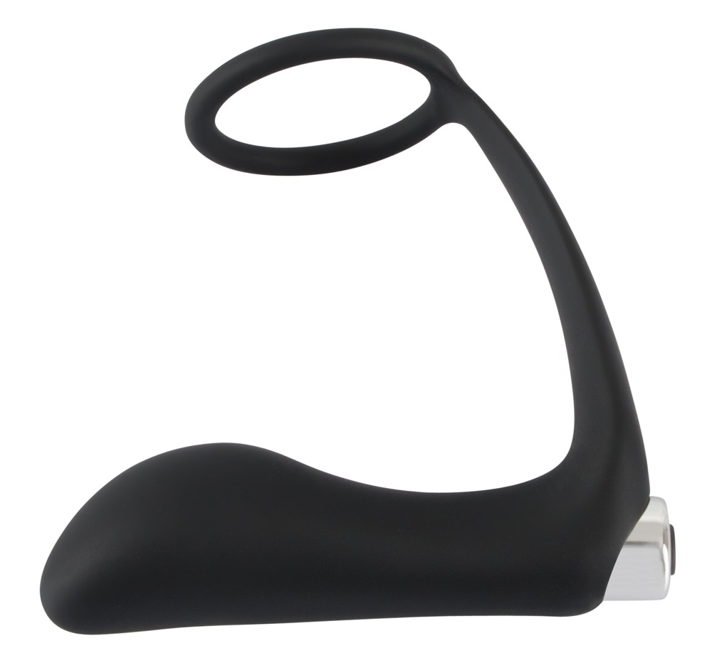 Ein geschwungenes, schwarzes Silikon-Sexspielzeug mit einem oberen Ring und einem silbernen Basiskopf auf weißem Grund.