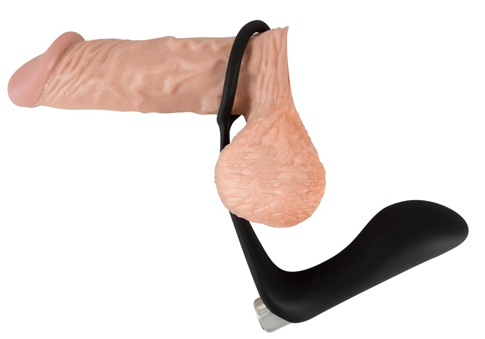 Ein fleischfarbenes Sextoy mit einem schwarzen Ring und einer geschwungenen Basis auf weißem Hintergrund.