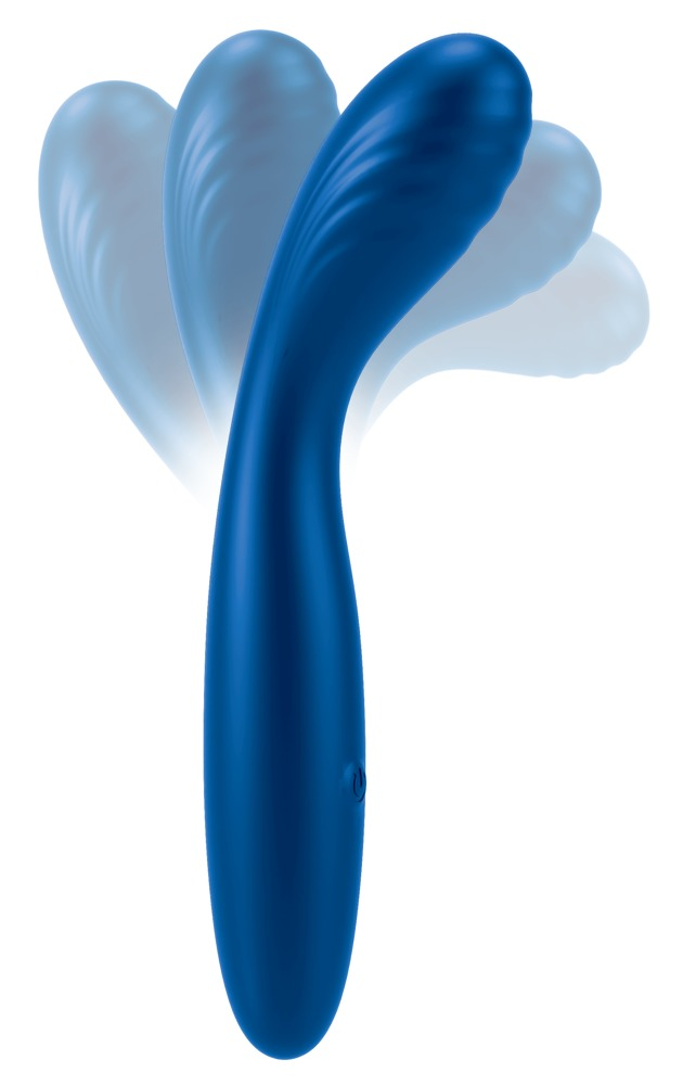 Ein blauer, flexibler Vibrator mit Bewegungsschleifen vor weißem Hintergrund.