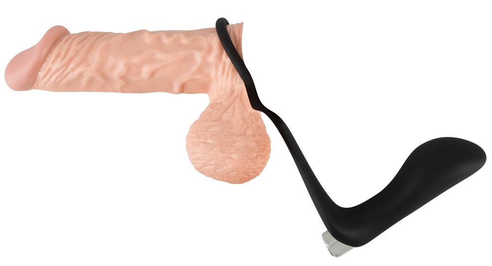 Ein hautfarbenes Erotikspielzeug in Phallusform, verbunden mit schwarzem Griff und Sockel auf weißem Hintergrund.