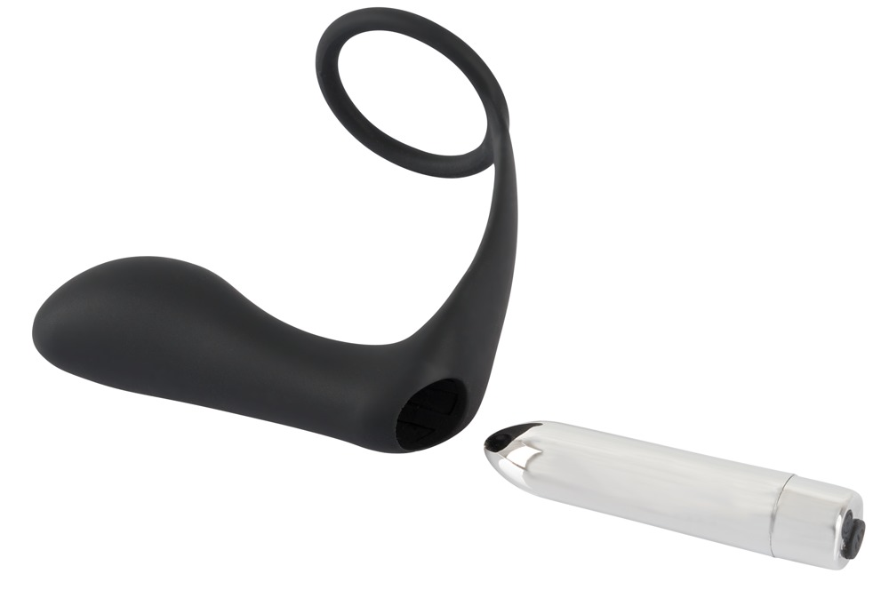 Ein schwarzes Silikon-Sexspielzeug mit Ring und ein separater silberner Metallstift auf weißem Hintergrund.