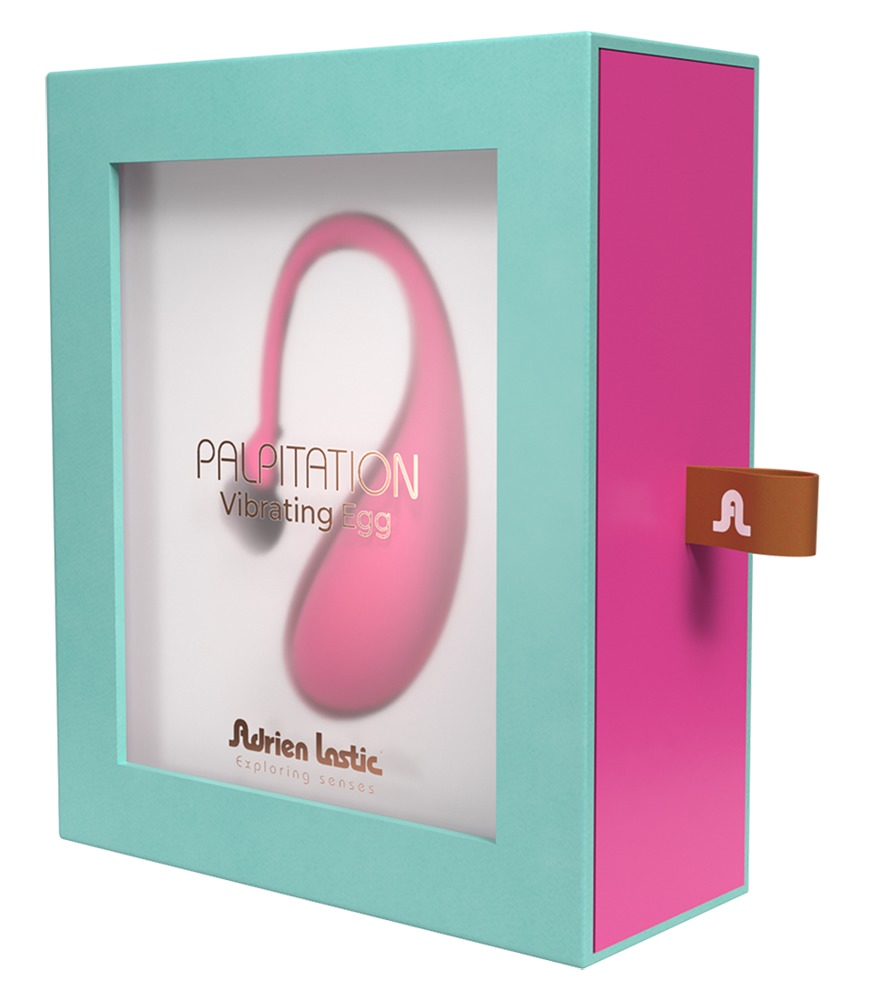 Türkise und pinke Verpackung des Adrien Lastic Palpitation Vibrating Egg mit Bild und Aufziehlasche.