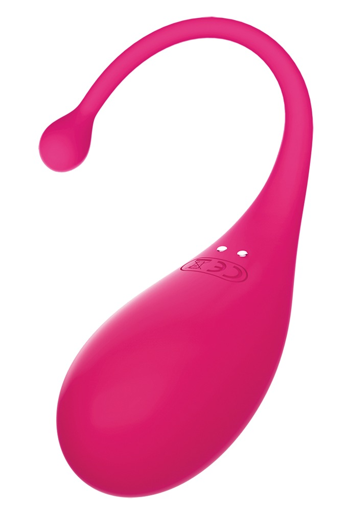 Ein pinkfarbenes Silikon-Kegel-Kugelgerät mit geschwungenem Rückholfaden vor weißem Hintergrund.