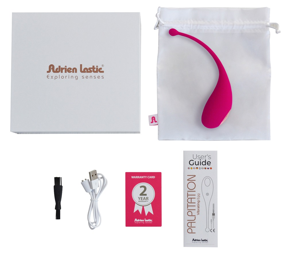 Rosa vibrierendes Ei, weiße Schachtel, Aufbewahrungsbeutel, USB-Ladekabel, Reinigungsbürste, Garantiekarte und Anleitung.