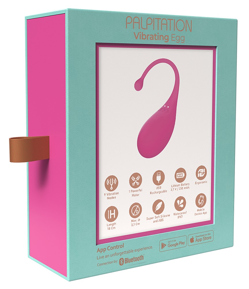 Türkis-pinke Schachtel mit pinkem Vibrierei, Funktionssymbolen und App-Steuerung.