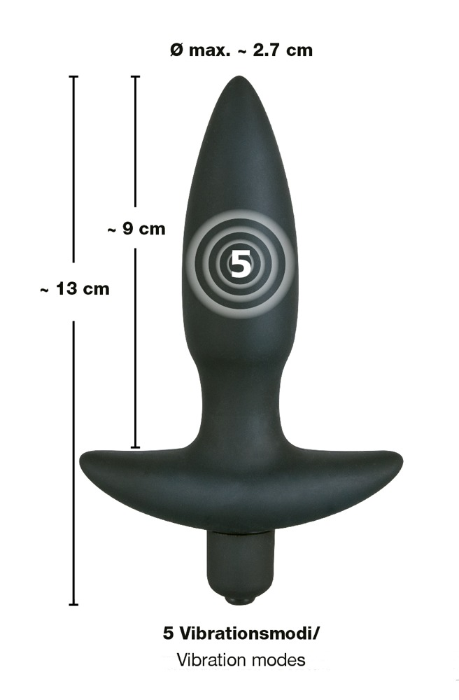 Schwarzer, konischer Analplug mit T-förmiger Basis und Maßangaben in Zentimetern sowie Symbol für 5 Vibrationsmodi.