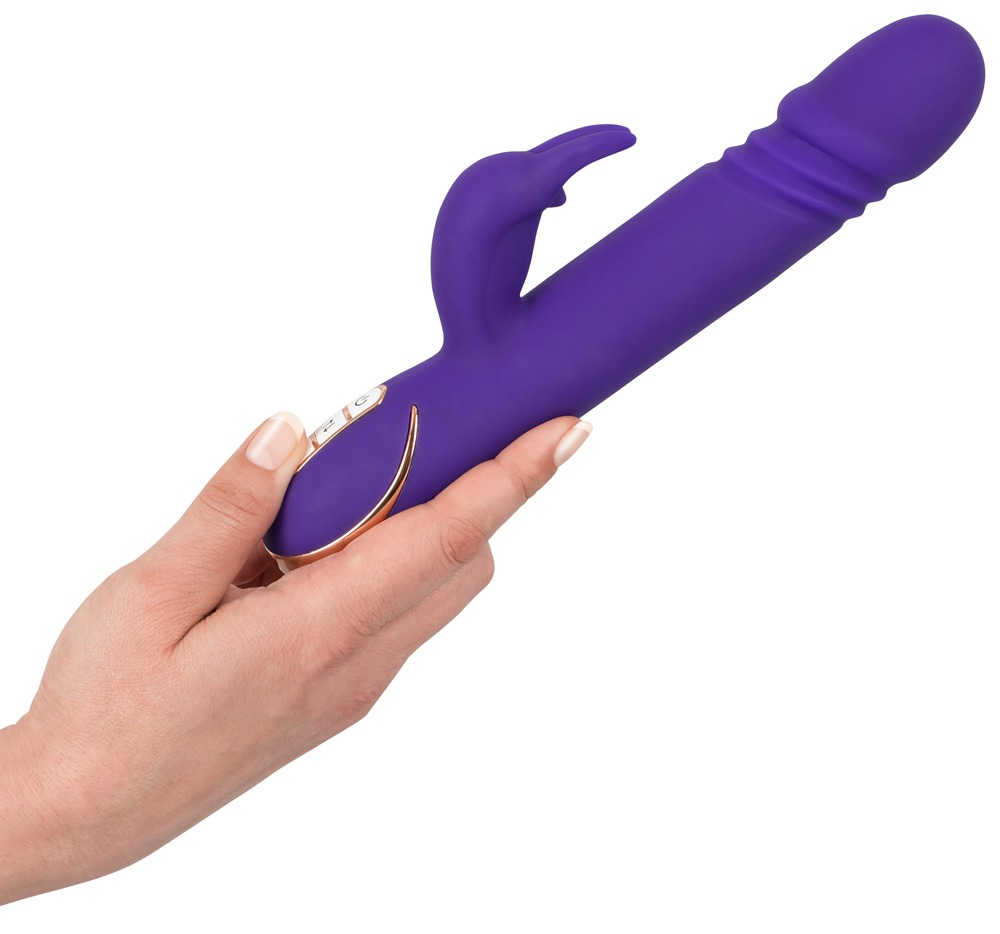 Eine Hand hält einen violetten, zweiteiligen Dildo mit Goldakzenten auf weißem Hintergrund.