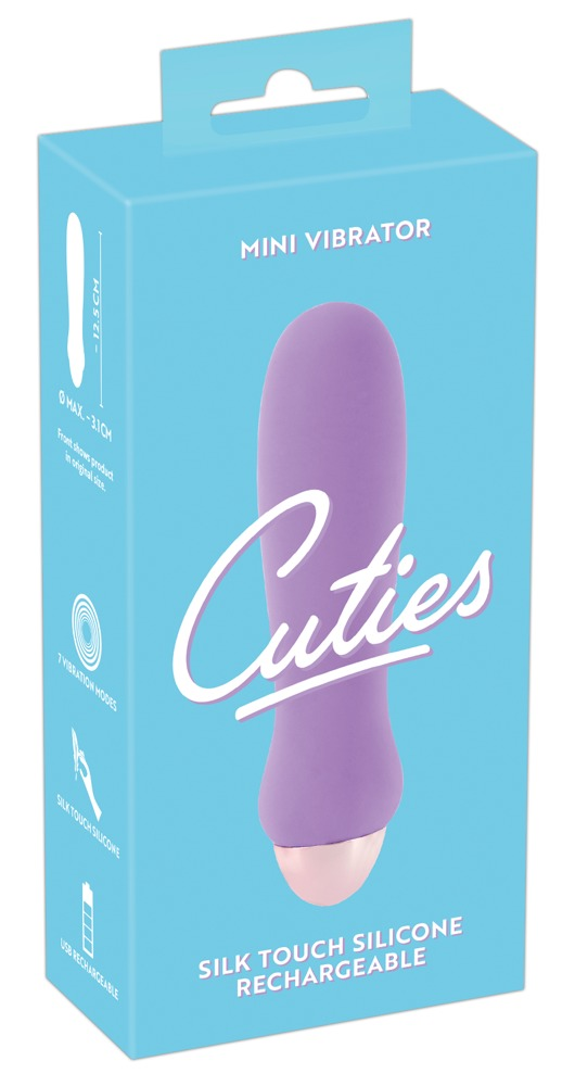 Eine hellblaue Schachtel für einen Cuties Mini-Vibrator aus Silikon mit einem lila Produktbild.