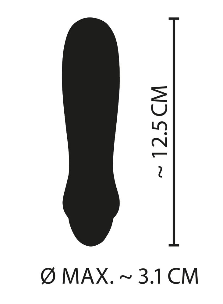 Technische Zeichnung mit Maßangaben von 12,5 cm Länge und 3,1 cm Maximaldurchmesser eines ovalen Objekts.