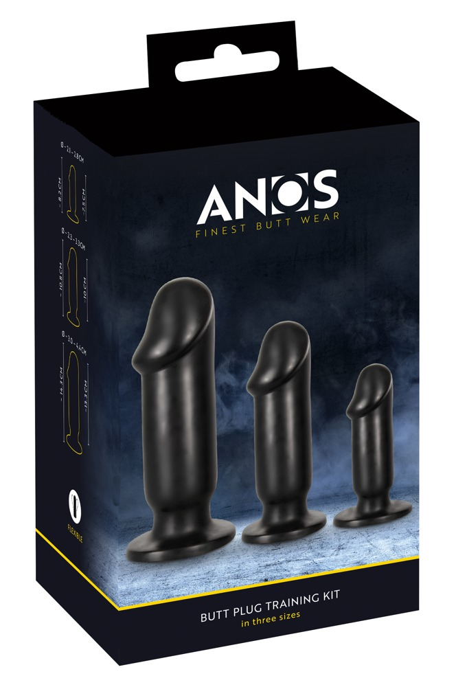 Eine schwarze Produktverpackung zeigt ein dreiteiliges Set schwarzer Plug-Trainingsgeräte in verschiedenen Größen.
