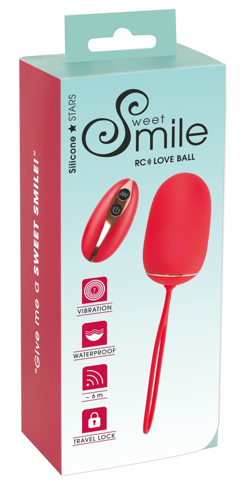 Eine Verpackung für ein rotes Love Ball RC-Spielzeug mit Symbolen für Vibration, Wasserdichtigkeit und Reiseschloss.