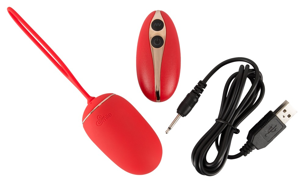 Rotes kabelloses Spielzeug mit Schlaufe, Fernbedienung und schwarzem USB-Ladekabel vor weißem Hintergrund.