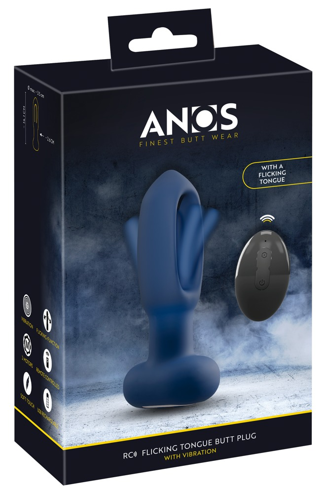 Schwarze Produktverpackung zeigt einen blauen Buttplug mit Zungenfunktion und Fernbedienung.