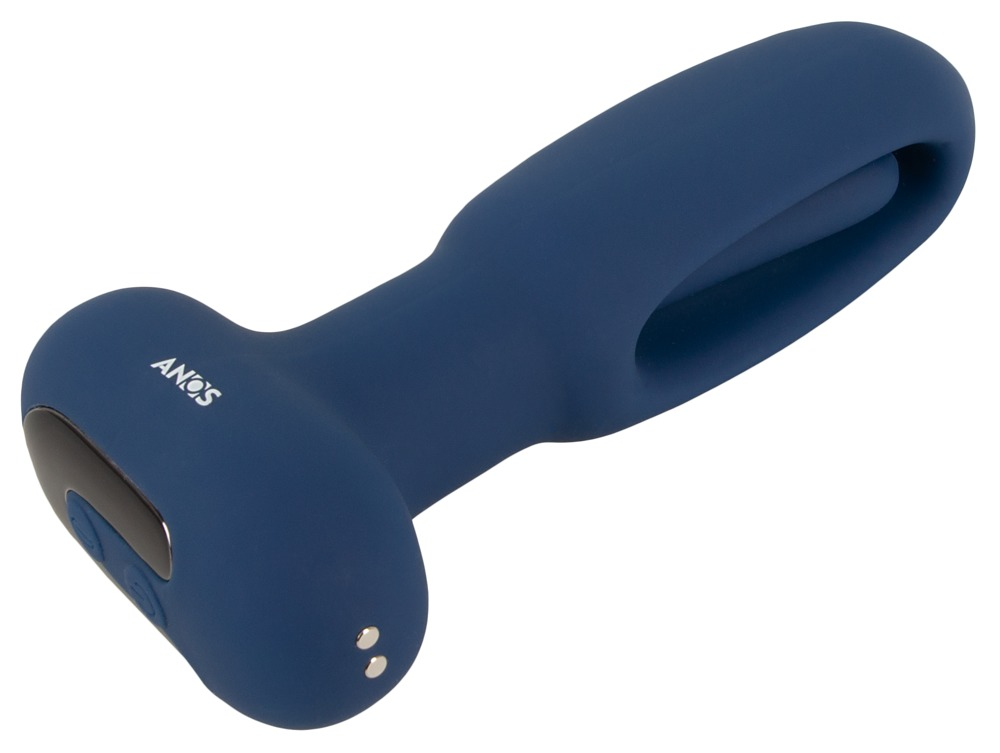 Ein blauer, T-förmiger Massagevibrator aus Silikon mit runden Knöpfen und weißem ANOS-Logo vor weißem Hintergrund.