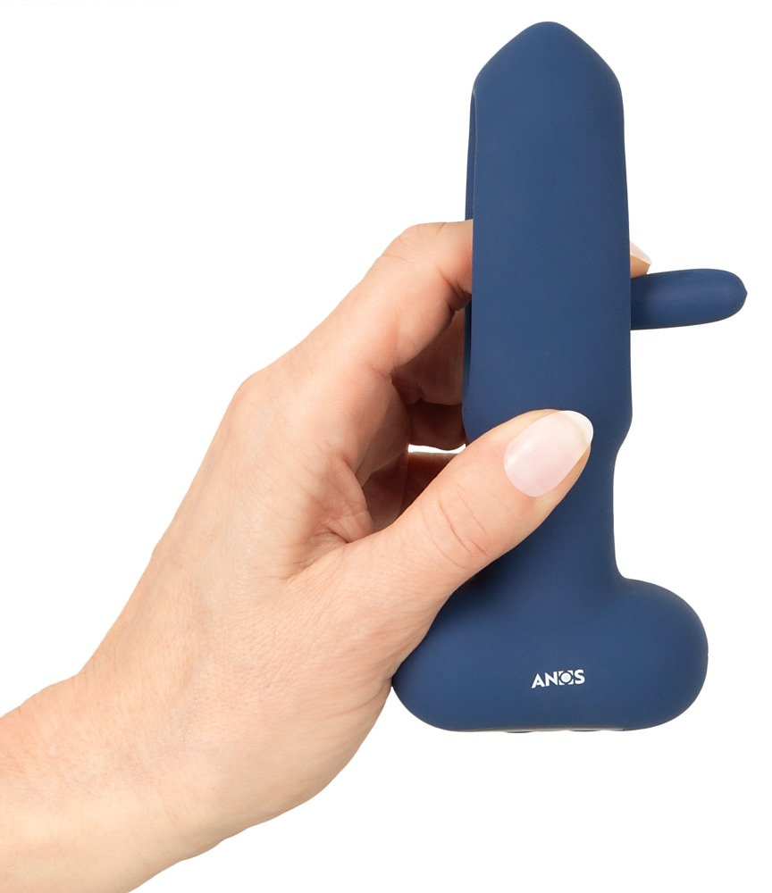 Eine Hand hält ein blaues, U-förmiges Wellness-Produkt vor weißem Hintergrund.