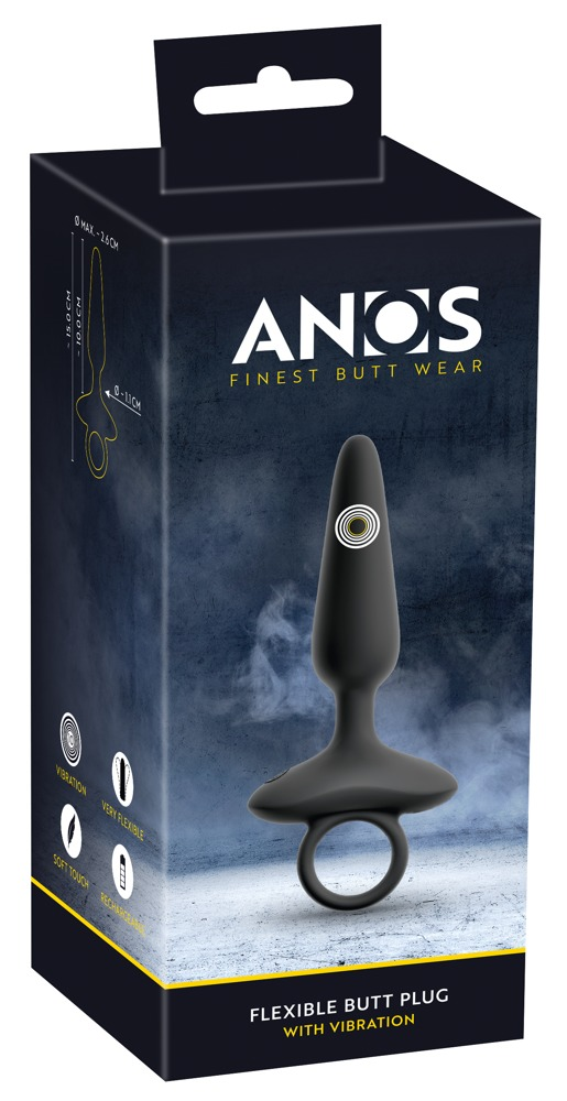 Schwarze Verpackung für einen flexiblen Vibrations-Analplug mit Ring.
