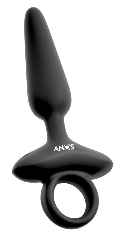 Ein glatter, schwarzer Silikon-Analtopfen mit ausgestelltem Fuß und Zugring, mit dem Markennamen ANOS.