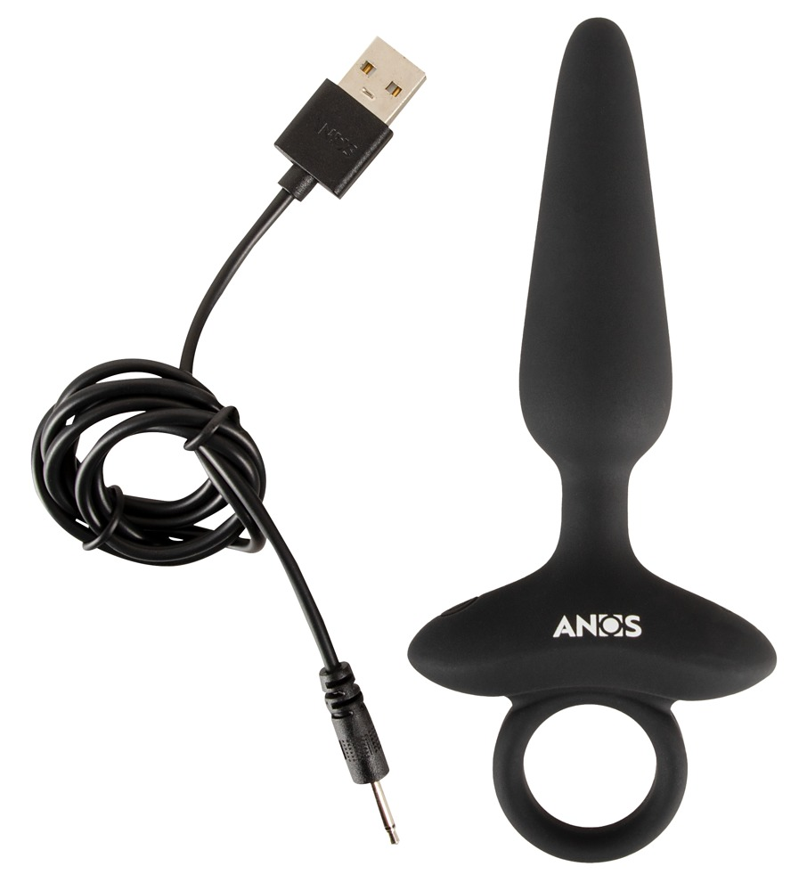 Ein schwarzes Sexspielzeug aus Silikon mit spitzer Spitze und Basisring sowie einem schwarzen USB-Ladekabel.